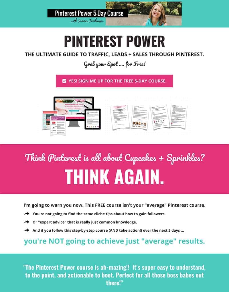 Example of great landing pages for a free opt-in, featuring free Pinterest course by Summer Tannhauser